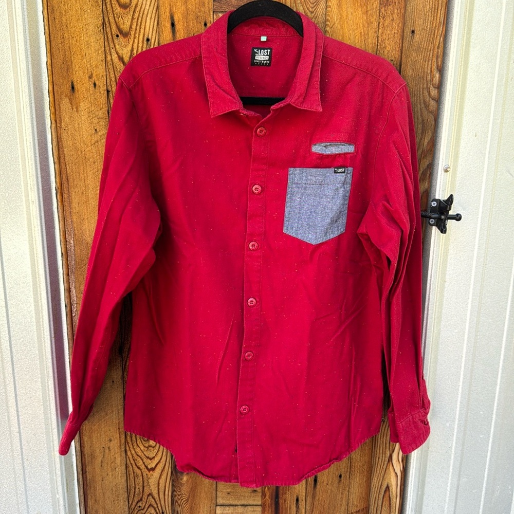 Lost Mischief - Men’s long sleeve button down flannel Large Red